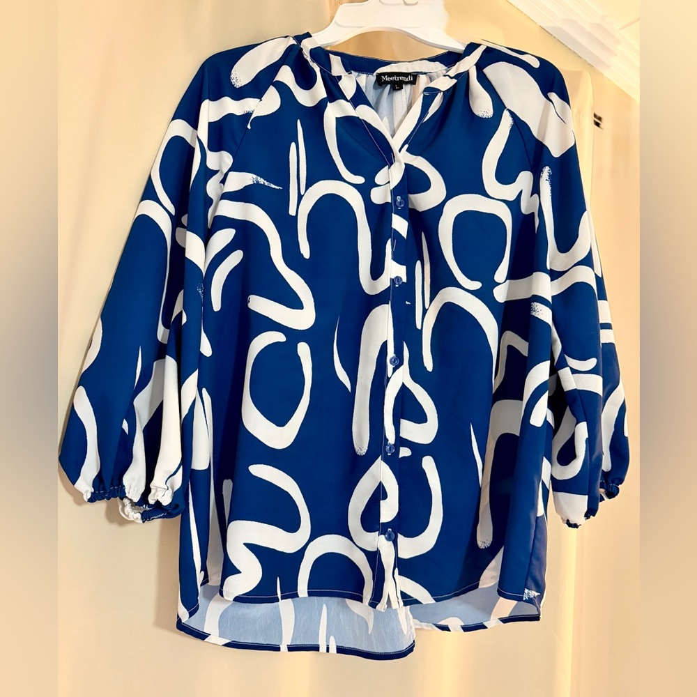 Navy and White Patterned Blouse